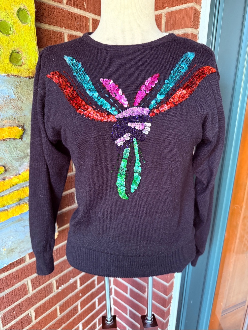 Vintage Black Crewneck Sweater with Multicolor Sequin Motif